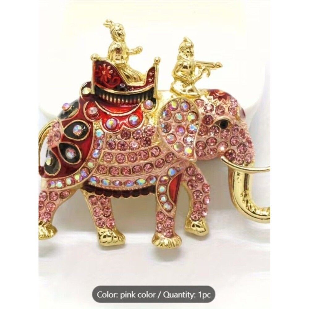 Beautiful Elephant & Antique Carriage Vintage Charm Crystal Goldtoned Brooch
